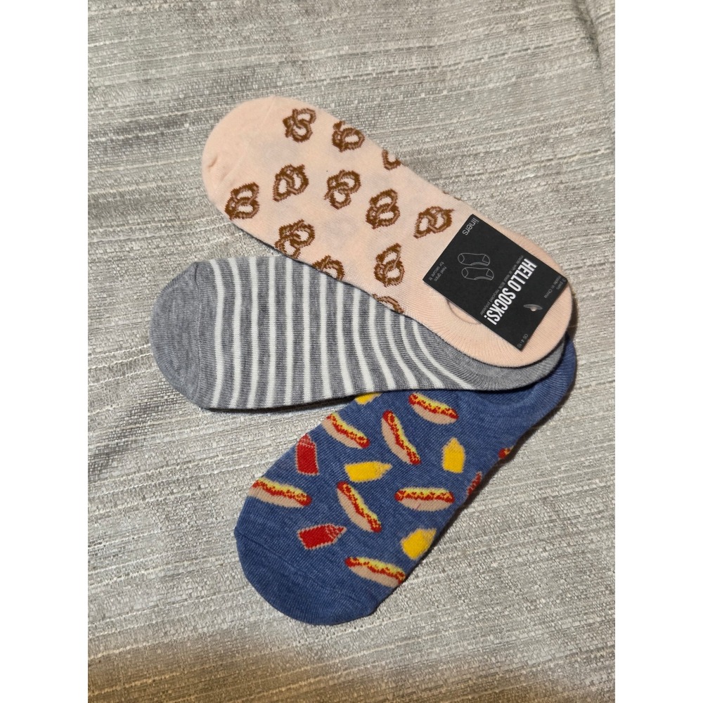 Hello Socks! Womens 3 Pack Liner Socks Hot Dog Pretzel Striped Size 4-10 NWT